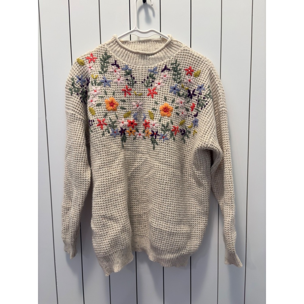 Roolee Floral Embroidered Sweater Womens L Cream Waffle Knit Cottagecore Boho